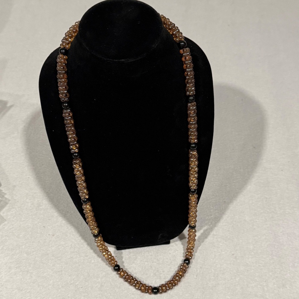 Glass Bead Necklace Women Amber Black Vintage Textured Cluster Floral 36 In